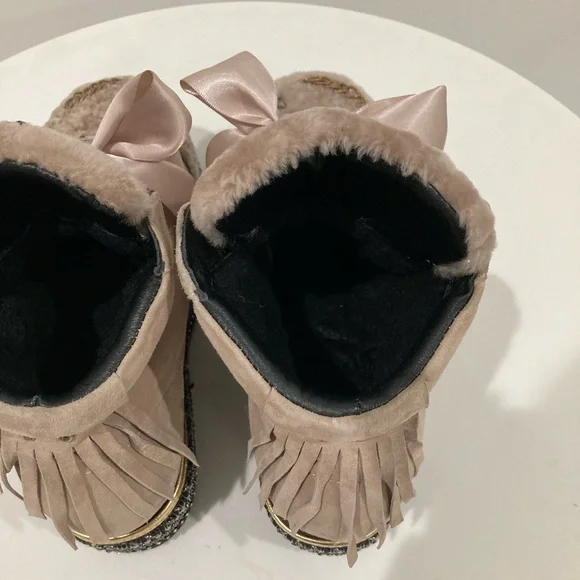 Luxurious Embellished Tan Fur & Suede Platform Boots Silk Laces Women's 8.5 - Picture 13 of 16